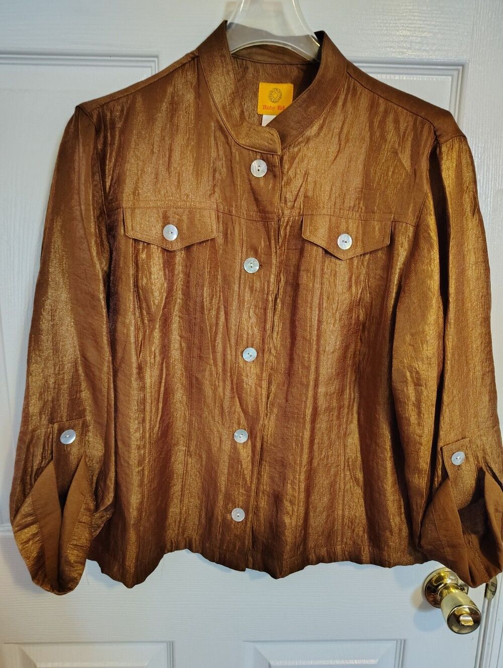 Ruby Rd. Women’s Bronze Solid Satin Polyester Collared Button-Down Blouse 16